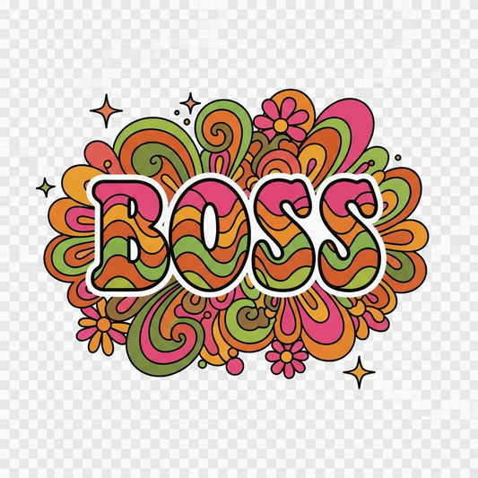Groovy 70s retro Boss's Day DTF heat transfer graphic featuring bold vintage typography and psychedelic colors, ready to press on t-shirts and hoodies