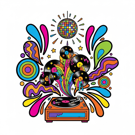 Psychedelic 60s style prom DTF heat transfer graphic with swirling retro patterns and high contrast colors, ready to press on t-shirts and hoodies