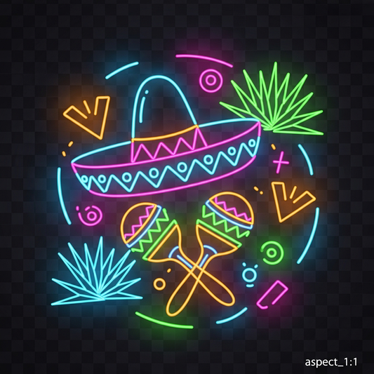 Cinco de Mayo neon glow style DTF heat transfer graphic with vibrant glowing design on transparent background, ready to press onto t-shirts and apparel
