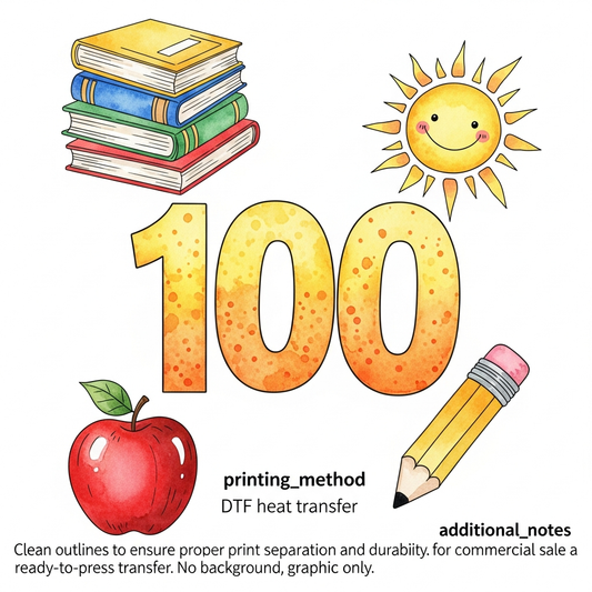 100 Days of School watercolor illustration DTF heat transfer design, centered composition with high contrast colors and clean outlines, ready to press on t-shirts and hoodies