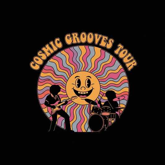 Groovy 70s retro concert tour DTF heat transfer graphic with bold vector illustration, high-contrast colors, and retro typography – ready to press on t-shirts, hoodies, and apparel
