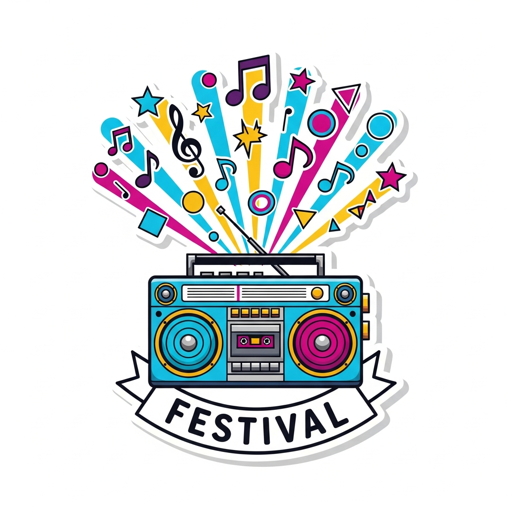 Music festival sticker style ready to press DTF heat transfer graphic featuring bold vector illustration with high contrast colors and clean outlines suitable for t-shirts hoodies and apparel
