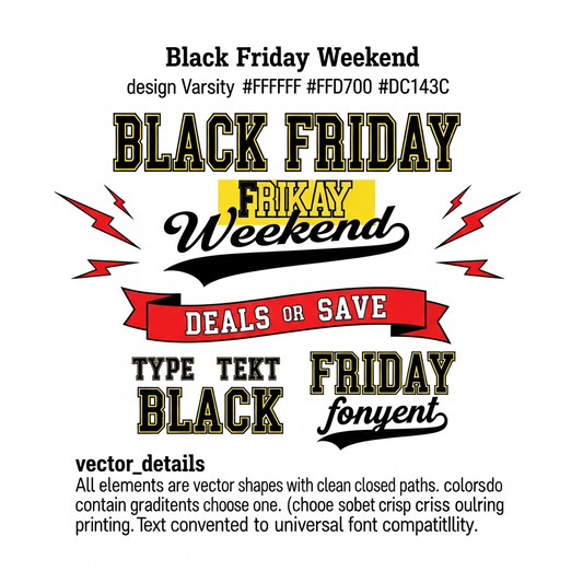 Black Friday Weekend retro varsity style ready to press DTF heat transfer graphic with high contrast colors and clean vector illustration, suitable for t-shirts hoodies and apparel