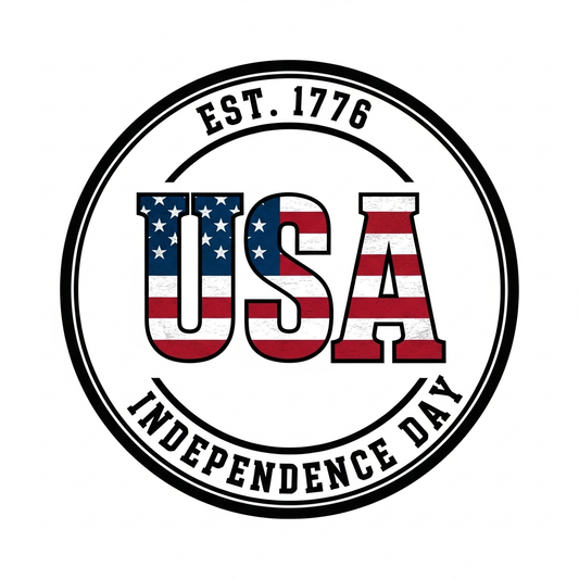 Independence Day bold typography ready to press DTF heat transfer graphic with high-contrast red white and blue colors, centered composition and clean vector-style design, suitable for t-shirts hoodies and apparel