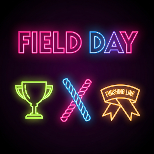 Field Day neon glow ready to press DTF heat transfer graphic with vibrant high contrast neon colors and clean vector style illustration, suitable for t-shirts hoodies and tote bags