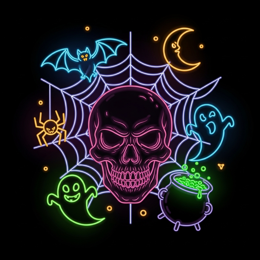 Halloween neon glow style ready to press DTF heat transfer graphic featuring high contrast neon colors and clean vector illustration style on transparent background suitable for t-shirts hoodies and tote bags