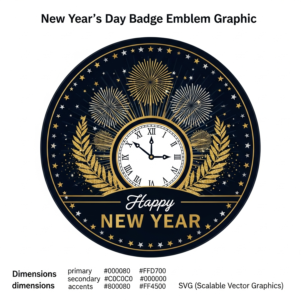 New Year's Day badge emblem style ready to press DTF heat transfer graphic with high contrast colors and clean vector illustration, suitable for t-shirts hoodies and apparel