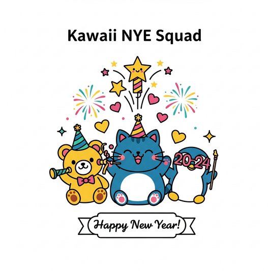 Playful kawaii New Year's Eve ready to press DTF heat transfer graphic featuring cute vector-style illustration with high contrast colors, suitable for t-shirts and hoodies