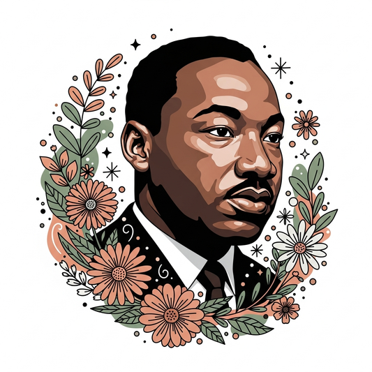 Martin Luther King Jr. Day boho floral ready to press DTF heat transfer graphic featuring a centered vector illustration with earthy tones, intricate floral details, and high-contrast clean outlines, suitable for t-shirts, hoodies, and tote bags