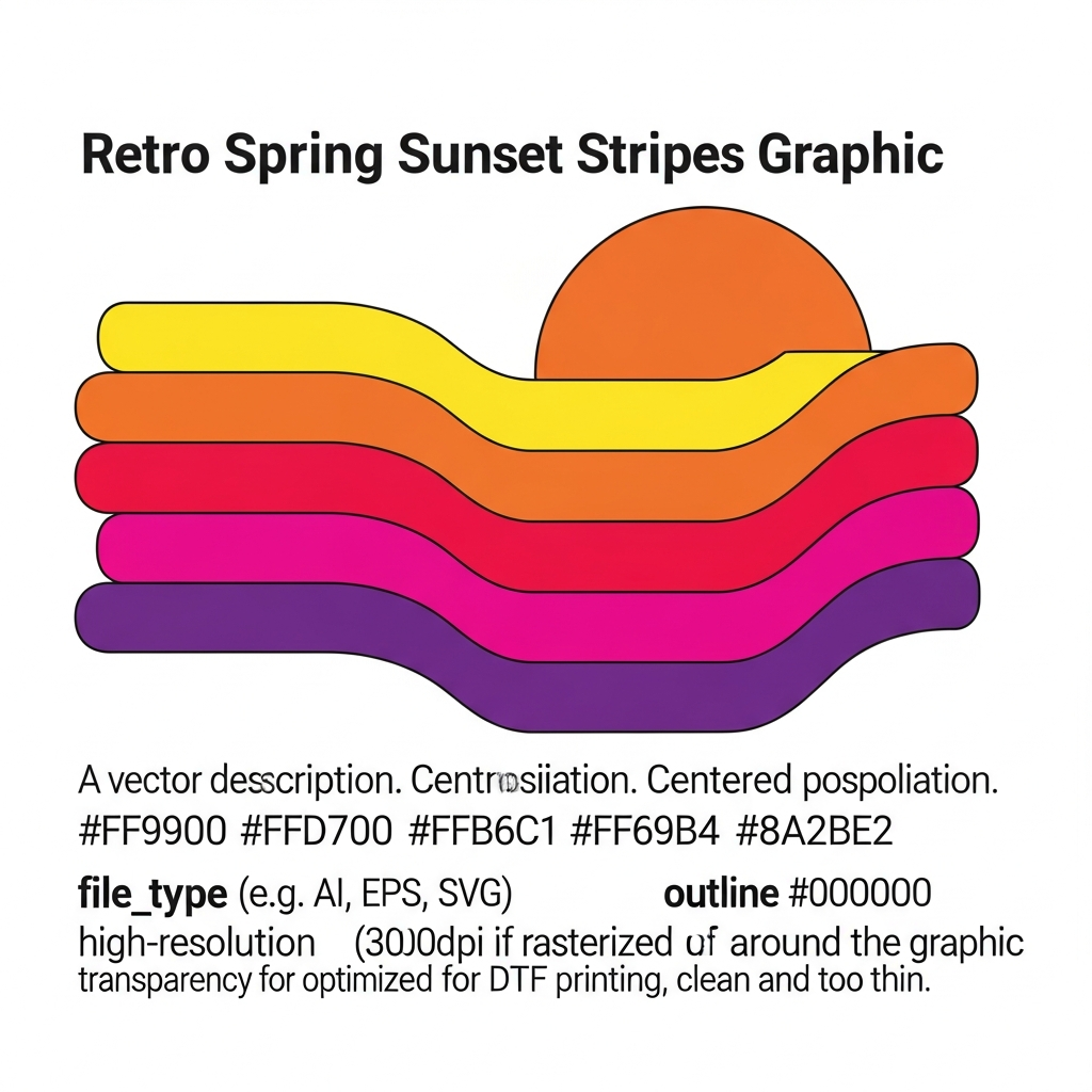 Retro sunset stripes spring collection DTF heat transfer graphic with bold 70s-inspired gradient stripe design, ready to press on t-shirts and hoodies
