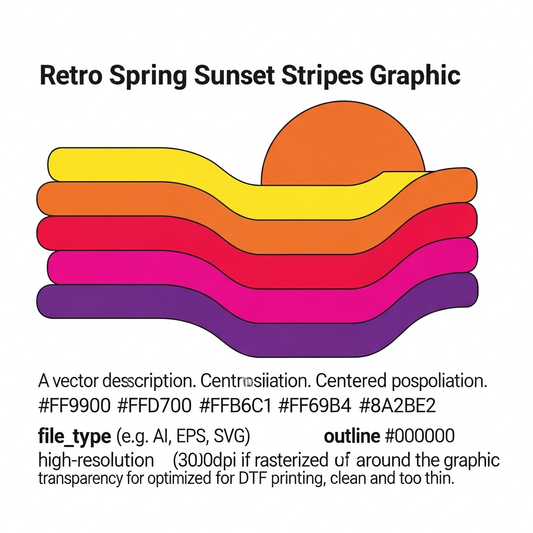 Retro sunset stripes spring collection DTF heat transfer graphic with bold 70s-inspired gradient stripe design, ready to press on t-shirts and hoodies