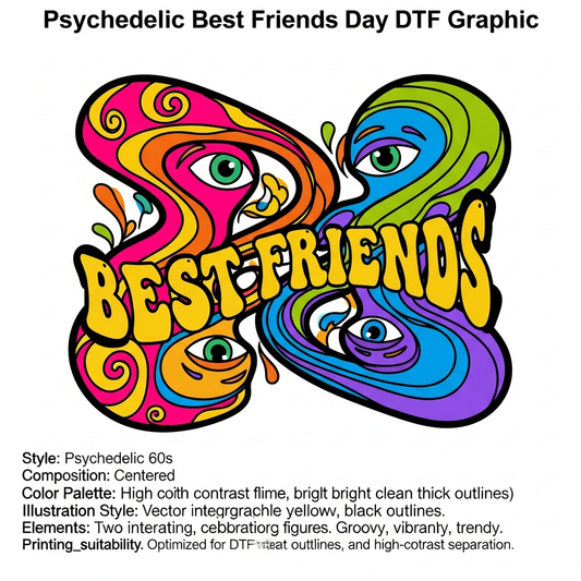Psychedelic 60s style National Best Friends Day ready to press DTF heat transfer graphic with bold swirling retro colors and vector illustration design for t-shirts and hoodies