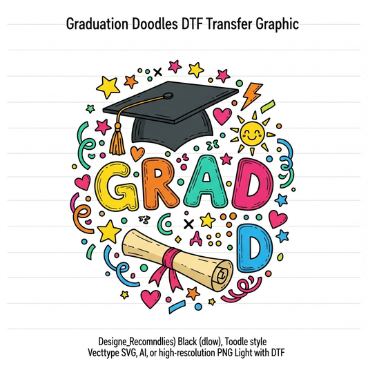 Hand drawn doodle style high school graduation ready to press DTF heat transfer graphic with vibrant colors and clean outlines, suitable for t-shirts and hoodies
