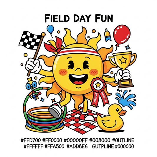 Field Day cartoon mascot DTF heat transfer design in vibrant vector style, ready to press onto t-shirts, hoodies, and apparel for small businesses and apparel brands