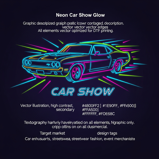 Neon glow car show vector illustration DTF heat transfer design, ready to press, featuring vibrant high contrast colors and clean outlines suitable for t-shirts and hoodies