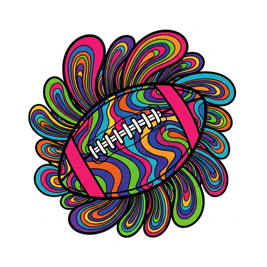 Psychedelic 60s style college football kickoff DTF heat transfer graphic with swirling retro colors, high contrast vector illustration, ready to press design for t-shirts and hoodies