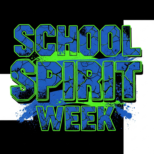 School Spirit Week grunge distressed lettering DTF heat transfer graphic, ready to press, centered composition with high contrast colors, suitable for t-shirts and hoodies