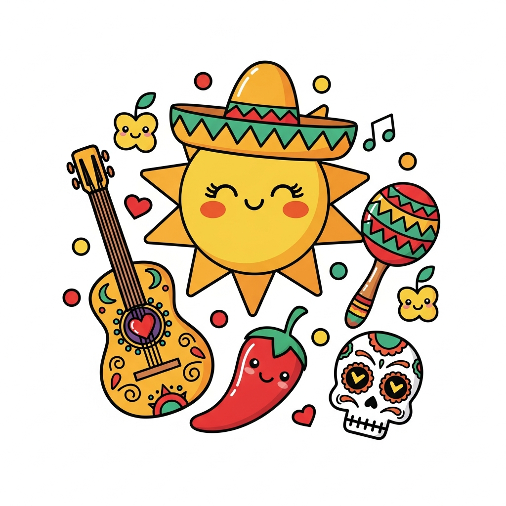 Playful kawaii-style Hispanic Heritage Month ready-to-press DTF heat transfer graphic with vibrant high-contrast colors and cute vector illustration, suitable for t-shirts, hoodies, and tote bags