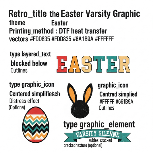 Retro varsity style Easter DTF heat transfer graphic, ready to press, featuring high contrast vector illustration with bold colors, centered composition, suitable for t-shirts, hoodies, and custom apparel