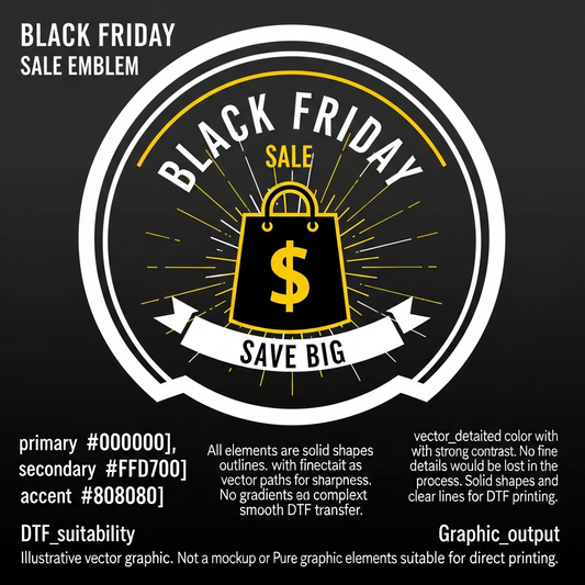 Black Friday badge emblem ready to press DTF heat transfer graphic with bold vector-style design and high contrast colors, suitable for t-shirts hoodies and apparel