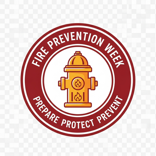 Fire Prevention Week badge emblem style ready to press DTF heat transfer graphic with bold high contrast colors and transparent background suitable for t-shirts and hoodies