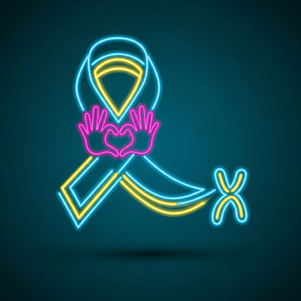 Down Syndrome Awareness Month neon glow style DTF heat transfer graphic, ready to press, vibrant high-contrast vector design with clean outlines suitable for t-shirts, hoodies, and tote bags
