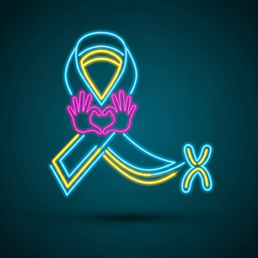 Down Syndrome Awareness Month neon glow style DTF heat transfer graphic, ready to press, vibrant high-contrast vector design with clean outlines suitable for t-shirts, hoodies, and tote bags