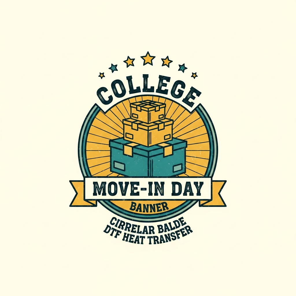 College Move-In Day retro badge logo DTF heat transfer design, ready to press, high contrast vector style graphic for t-shirts and hoodies