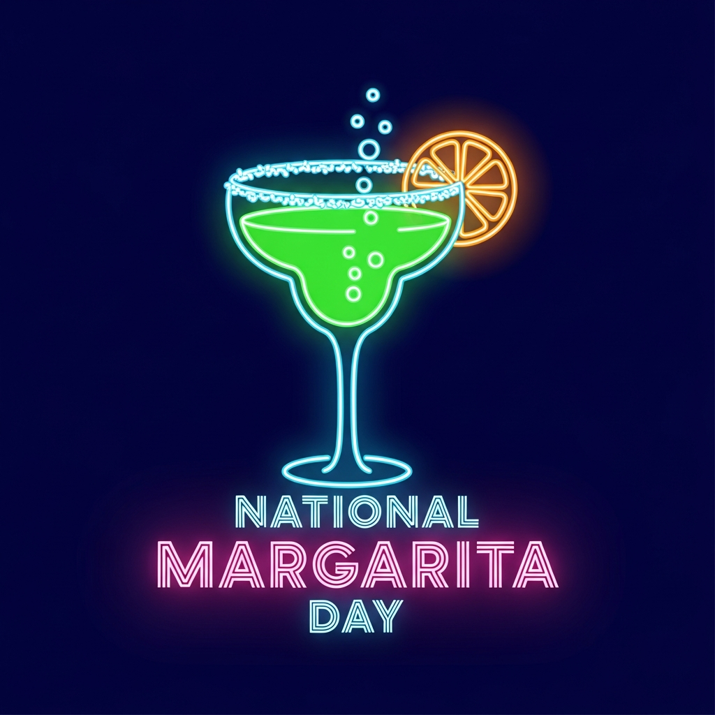 National Margarita Day neon glow style ready to press DTF heat transfer graphic featuring a vibrant glowing margarita illustration with high contrast neon colors on a transparent background, suitable for t-shirts, hoodies, and tote bags