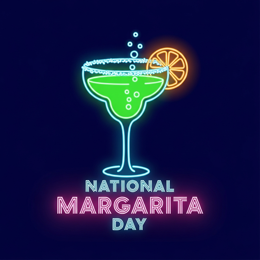 National Margarita Day neon glow style ready to press DTF heat transfer graphic featuring a vibrant glowing margarita illustration with high contrast neon colors on a transparent background, suitable for t-shirts, hoodies, and tote bags