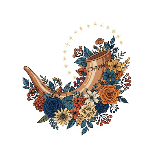 Rosh Hashanah boho floral ready to press DTF heat transfer graphic featuring a centered vector-style floral illustration with high contrast colors, suitable for t-shirts hoodies and tote bags