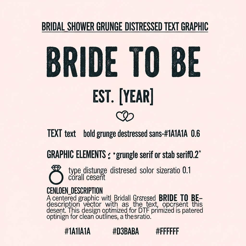 Bridal shower ready to press DTF heat transfer graphic featuring bold grunge distressed lettering in high contrast colors, centered vector-style design suitable for t-shirts hoodies and tote bags