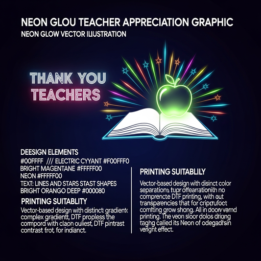 Teacher Appreciation Week neon glow style ready to press DTF heat transfer graphic with vibrant high-contrast colors and clean vector illustration, suitable for t-shirts hoodies and tote bags