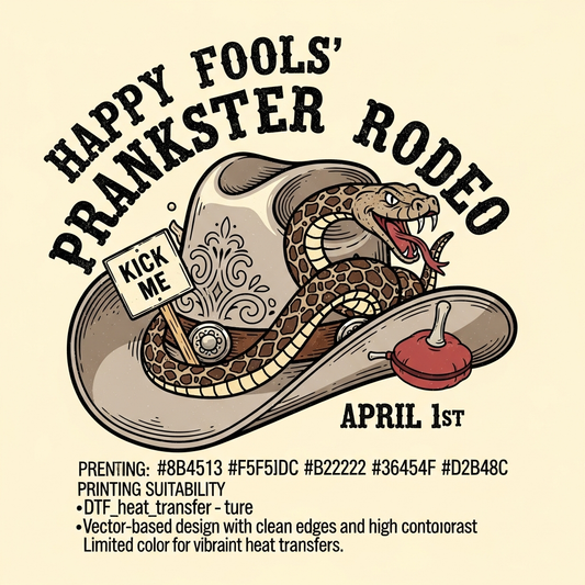 April Fools Day western cowboy vintage DTF heat transfer graphic, ready to press, high contrast vector illustration with retro cowboy design, suitable for t-shirts hoodies and apparel