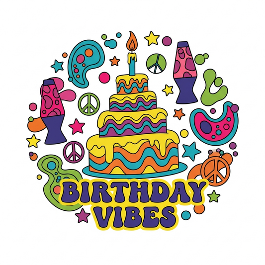 Groovy 70s retro birthday celebration DTF heat transfer graphic featuring bold vector-style illustration with high contrast colors, funky retro typography, and a centered composition ready to press on t-shirts and apparel