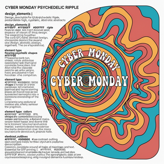 Cyber Monday psychedelic 60s style ready to press DTF heat transfer graphic with bold retro swirls and high contrast colors, centered vector illustration suitable for t-shirts, hoodies, and custom apparel