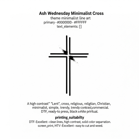 Ash Wednesday minimalist line art DTF transfer design, ready to press heat transfer graphic for t-shirts and hoodies, high contrast vector style illustration suitable for faith-based apparel and religious holiday clothing