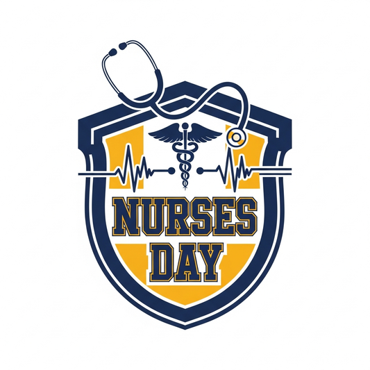 Retro varsity style Nurses Day DTF heat transfer graphic with bold high-contrast colors and clean vector illustration, ready to press on t-shirts hoodies and tote bags