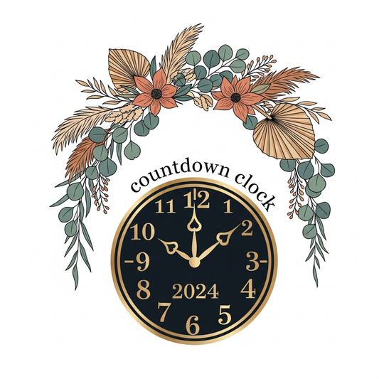 New Year's Countdown boho floral ready-to-press DTF heat transfer graphic with centered vector illustration and high-contrast floral design, suitable for t-shirts hoodies and tote bags