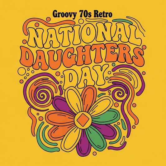 National Daughters Day groovy 70s retro style ready to press DTF heat transfer graphic featuring bold retro typography and funky floral design with high contrast colors for t-shirts and hoodies