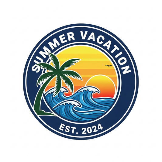 Summer vacation badge emblem ready to press DTF heat transfer graphic with high-contrast vector design, suitable for t-shirts, hoodies, and tote bags