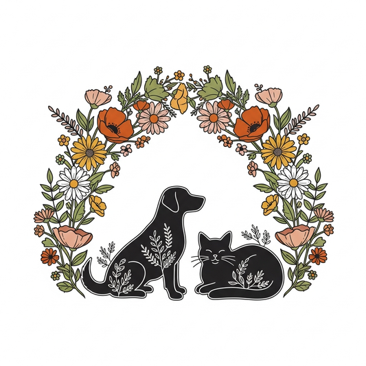 Boho floral Pet Adoption Day ready to press DTF heat transfer graphic featuring a centered vector illustration with flowing botanicals and high contrast colors, suitable for t-shirts, hoodies, and tote bags