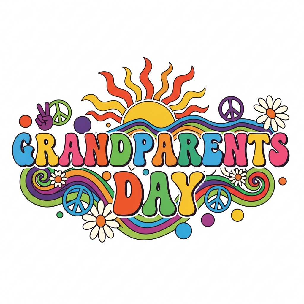 Groovy 70s retro Grandparents Day ready to press DTF heat transfer graphic with bold vintage typography and high-contrast colors, suitable for t-shirts hoodies and tote bags