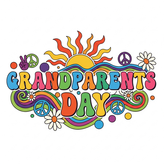 Groovy 70s retro Grandparents Day ready to press DTF heat transfer graphic with bold vintage typography and high-contrast colors, suitable for t-shirts hoodies and tote bags