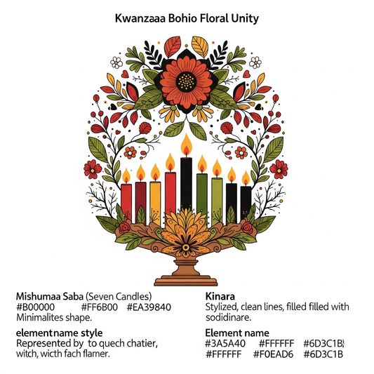 Kwanzaa boho floral ready-to-press DTF heat transfer graphic featuring a centered vector illustration with rich high-contrast colors, botanical floral elements, and clean outlines suitable for t-shirts, hoodies, and tote bags