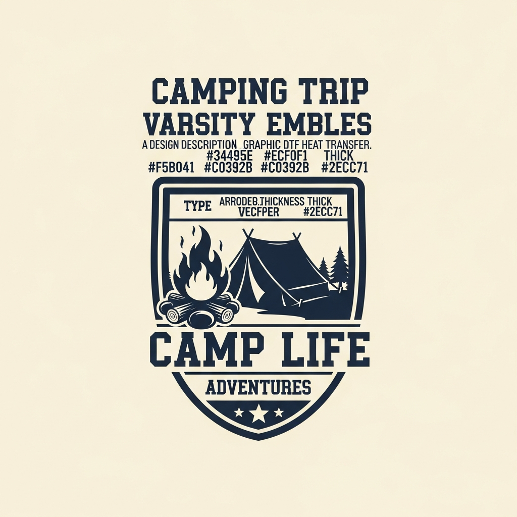 Retro varsity style camping trip DTF heat transfer graphic with high contrast colors and clean vector illustration, ready to press on t-shirts hoodies and apparel