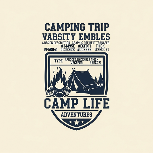 Retro varsity style camping trip DTF heat transfer graphic with high contrast colors and clean vector illustration, ready to press on t-shirts hoodies and apparel
