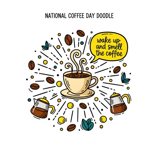 Hand drawn doodle style National Coffee Day DTF heat transfer graphic with high contrast colors and clean outlines, ready to press on t-shirts hoodies and tote bags