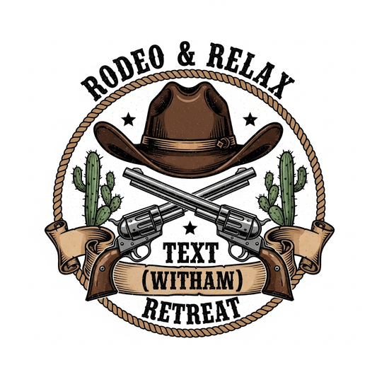 Ready to press DTF heat transfer graphic featuring a western cowboy vintage design for company retreat apparel, vector illustration style with high contrast colors and clean outlines, suitable for t-shirts hoodies and tote bags