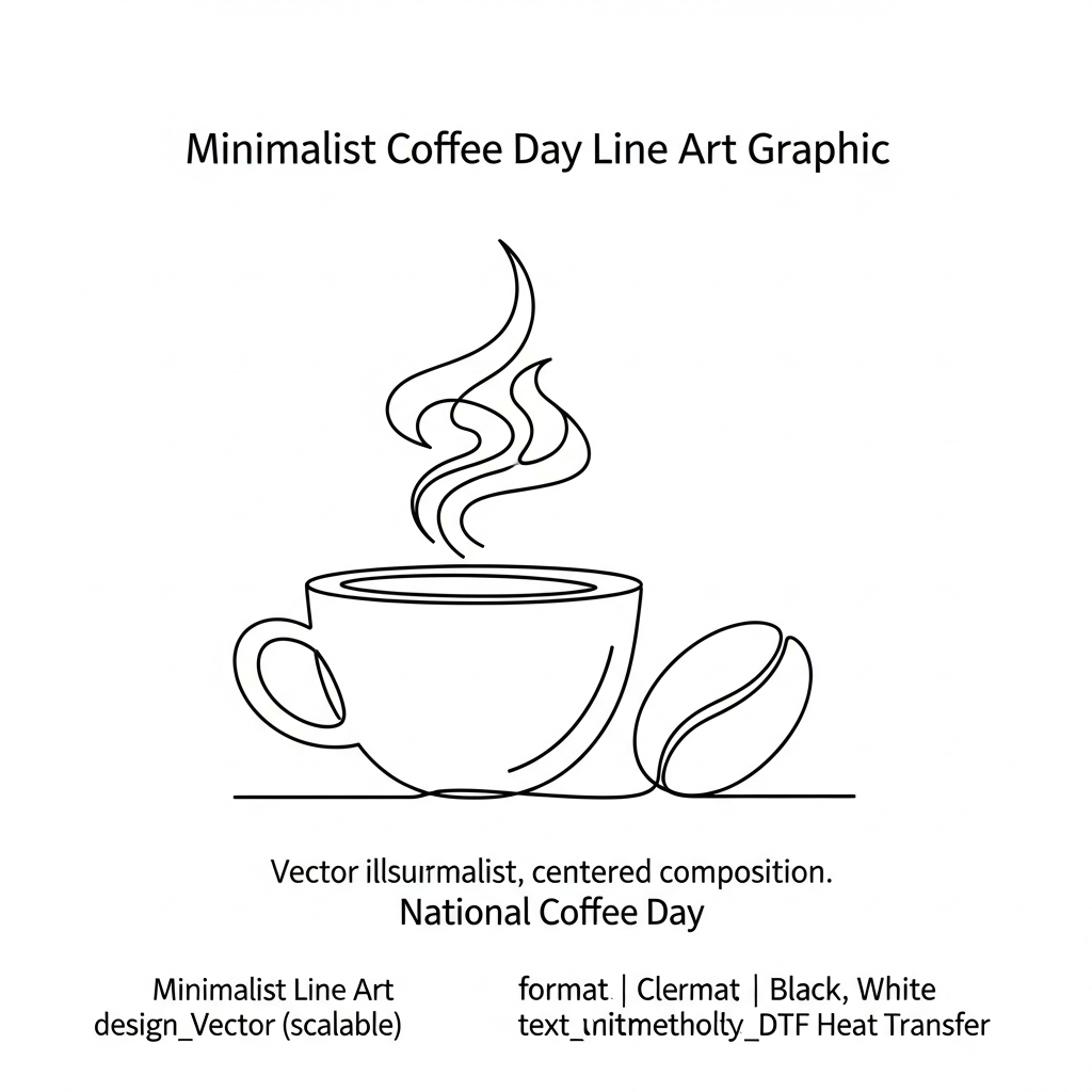 Minimalist line art National Coffee Day DTF heat transfer graphic featuring a clean vector-style coffee illustration with high contrast outlines, ready to press on t-shirts and apparel